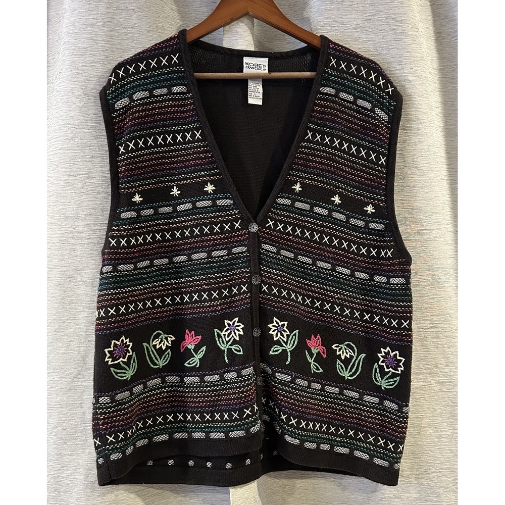 VTG 90s Koret Francisca Sweater Vest Large Embroidered Floral Button Down